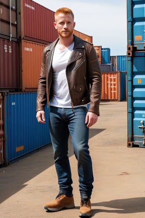 Full body shot, post-apocalyptic leather jacket, bone shoulders, bone sleeves, tight white tee shirt, blue jeans, black hiking shoes, actor Daniel Newman, light ginger hair, buzz cut, mohawk hair, brown eyes, clean shaven, alpha male, jeans bulge, big crotch, big bulge, jutting crotch, shipping containers, late 30s, smirk 