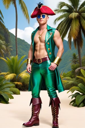 One male, Rick Cosnett, standing, full body shot, show feet, dark green hair, green Mohawk, circular blue lens sunglasses, gold bracers, gold underwear, pirate jacket, sleeveless undershirt, pirate boots, tricorn pirate hat, gold septum ring, gold earrings, red ruby amulet, pink feathers, athletic body, big bulge behind speedo, pristine tropical island, alien flora, detail, realistic