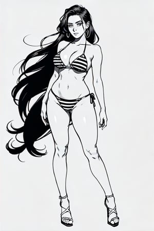 coloring page for adults, (no color), (black and white), cartoon style, (thick lines), (low detail), (no shading) -- 9:11 A voluptuously captivating Eastern European woman, hazel eyes, (long hair (no color)), wearing a sheer stars and stripes bikini, full body view, prominent curves exuding confidence and allure.