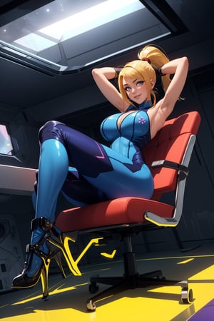 masterpiece, best quality, samus aran, ponytail, cleavage, midriff, wristband, toned body, looking at viewer, smile, futuristic building interior, samus aran, large breasts, undersized clothes,ponytail, arms up, skin tight outfit, hair tie, blue gloves, blue bodysuit, high heels, full body, boob window, exposed armpits, inside space ship, smug, sitting on chair