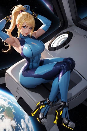 masterpiece, best quality, samus aran, ponytail, midriff, wristband, toned body, looking at viewer, smile, futuristic building interior, samus aran, large breasts, undersized clothes,ponytail, arms up, skin tight outfit, hair tie, blue gloves, blue bodysuit, high heels, full body, exposed armpits, inside space ship, smug, sitting on chair, viewed from above, above angle, shiny skin, sharp, Perfect Body Beauty, realistic shaded, perfect body,