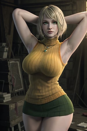 Huge breasts, cinematic pose ((round breast)), ((1girl, green eyes)),((pale skin:1.3)),large pelvic, wide hip )), ((sexy pose:1.3)), wide hips, groin, ((realistic)), ((huge pelvic))masterpiece, best quality, realistic, (detailed background), (masterpiece:1.2), (ultra detailed), (best quality), colorful, detailed landscape, High detailed ,Ashley, 3d, realistic, short_hair, sleeveless, solo, blonde hair, orange, bare_shoulders, jewelry, upper_body, parted_lips, necklace, sweater, lips, turtleneck, bob_cut, sleeveless turtleneck, clothed, arms up, armpits, green mini skirt