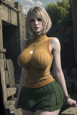 Huge breasts, dynamic pose, ((round breast)), ((1girl, green eyes)),((pale skin:1.3)),large pelvic, wide hip )), ((sexy pose:1.3)), wide hips, groin, ((realistic)), ((huge pelvic))masterpiece, best quality, realistic, (detailed background), (masterpiece:1.2), (ultra detailed), (best quality), colorful, detailed landscape, High detailed ,Ashley, 3d, realistic, short_hair, sleeveless, solo, blonde hair, orange, bare_shoulders, jewelry, upper_body, parted_lips, necklace, sweater, lips, turtleneck, bob_cut, sleeveless turtleneck, clothed, arms up, armpits, green skirt