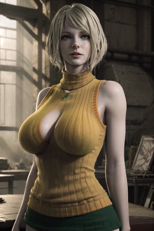 Huge breasts, cinematic pose ((round breast)), ((1girl, green eyes)),((pale skin:1.3)),large pelvic, wide hip )), ((sexy pose:1.3)), wide hips, groin, ((realistic)), ((huge pelvic))masterpiece, best quality, realistic, (detailed background), (masterpiece:1.2), (ultra detailed), (best quality), colorful, detailed landscape, High detailed ,Ashley, 3d, realistic, short_hair, sleeveless, solo, blonde hair, orange, bare_shoulders, jewelry, upper_body, parted_lips, necklace, sweater, lips, turtleneck, bob_cut, sleeveless turtleneck, clothed, arms up, green mini skirt, boob window, cleavage 