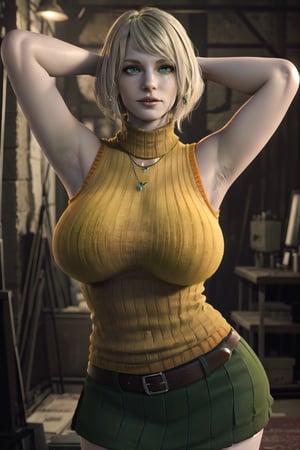 Huge breasts, cinematic pose ((round breast)), ((1girl, green eyes)),((pale skin:1.3)),large pelvic, wide hip )), ((sexy pose:1.3)), wide hips, groin, ((realistic)), ((huge pelvic))masterpiece, best quality, realistic, (detailed background), (masterpiece:1.2), (ultra detailed), (best quality), colorful, detailed landscape, High detailed ,Ashley, 3d, realistic, short_hair, sleeveless, solo, blonde hair, orange, bare_shoulders, jewelry, upper_body, parted_lips, necklace, sweater, lips, turtleneck, bob_cut, sleeveless turtleneck, clothed, arms up, armpits, green skirt