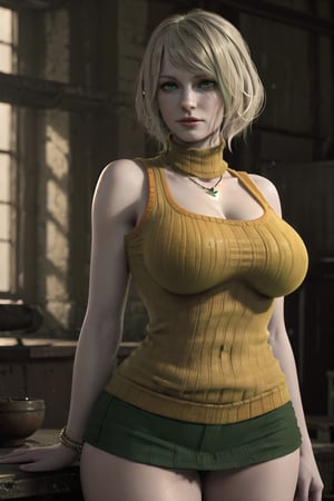 Huge breasts, cinematic pose ((round breast)), ((1girl, green eyes)),((pale skin:1.3)),large pelvic, wide hip )), ((sexy pose:1.3)), wide hips, groin, ((realistic)), ((huge pelvic))masterpiece, best quality, realistic, (detailed background), (masterpiece:1.2), (ultra detailed), (best quality), colorful, detailed landscape, High detailed ,Ashley, 3d, realistic, short_hair, sleeveless, solo, blonde hair, orange, bare_shoulders, jewelry, upper_body, parted_lips, necklace, sweater, lips, turtleneck, bob_cut, sleeveless turtleneck, clothed, arms up, green mini skirt