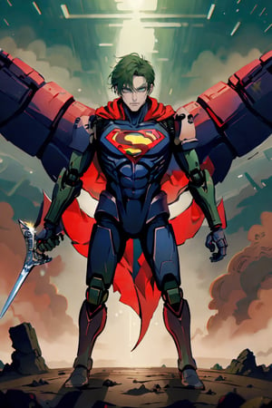 Has a un chico con poderes igual a superman pero malvado ojos verdes manos de robot y con una espada roja