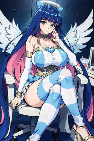 (masterpiece, best quality), solo, caustics, (yokozuwari), light smile, happy, Anarchy Stocking, off shoulder corset dress, white striped thighhighs, hair bow, white choker, sandals, angel wings, halo, large breasts, huge breasts, breast focus, masterpiece,highres, sitting on chair, gameroomconcept, sexy pose