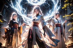 (Masterpiece, highest quality, high resolution, ultra-detailed, 16K, intricate, high contrast, HDR, vibrant color, RAW photo, (photorealistic:1.2), beautiful and aesthetic), cinematic lighting, soft lighting, medium breasts, tall and slim body, group of girls, 3girls, (((Genshin Impact, Raiden Shogun, raidenshogundef, Yae Miko, yaemikodef, Shenhe, shenhedef, long hair, purple hair, pink hair, silver white hair))), glowing hair, looking at the viewer, temple, torii, bonsai forest, evening, neon lights, futuristic, elegant, glowing, mysterious, meditation, magical, mystical, raging sun, eclipse, cosmic, space, galaxy, portal, scenic, iconic, cyberpunk, scifi, neon background, midjourney, GdClth, full body shot,lighting