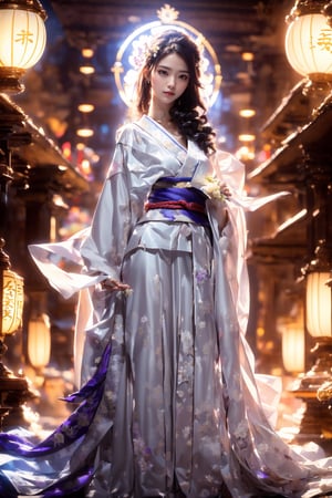 (Masterpiece, highest quality, ultra-detailed, 16K, high contrast, HDR, vibrant color, RAW photo, (photorealistic:1.2), beautiful and aesthetic), cinematic lighting, medium breasts, tall and slim body, (((Raiden Shogun, raidenshogundef, bride))), glowing hair, looking at the viewer, elegant, glowing, magical, floating lanterns, Japanese ancient streets, temple, wide shot