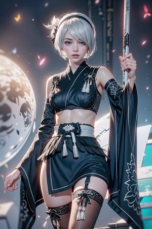 (Masterpiece, highest quality, high resolution, ultra-detailed, 16K, intricate, high contrast, HDR, vibrant color, RAW photo, (photorealistic:1.2), beautiful and aesthetic), cinematic lighting, medium breasts, tall and slim body, (((yorha no. 2 type b, silver white hair, 1girl, solo, hair over one eye, blue eye, hairband, black kimono, detached sleeves, wide sleeves, thighhighs, japanese clothes, tassels, bra peek))), glowing hair, looking at the viewer, futuristic, elegant, glowing, chaos, mysterious, magical, mystical, moon, cosmic, space, galaxy, portal, scenic, landscape, iconic, temple, bonsai forest, ancient Japan, holding her swords, wide shot, neon background