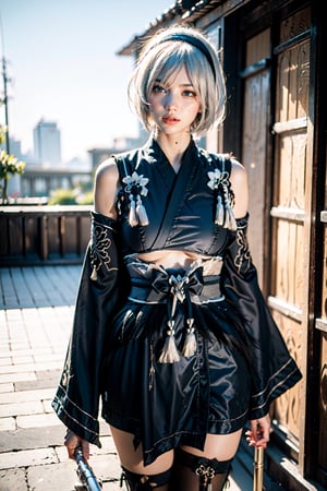 (Masterpiece, highest quality, high resolution, ultra-detailed, 16K, intricate, high contrast, HDR, vibrant color, RAW photo, (photorealistic:1.2), beautiful and aesthetic), cinematic lighting, medium breasts, tall and slim body, (((yorha no. 2 type b, silver white hair, 1girl, solo, hair over one eye, blue eye, hairband, black kimono, detached sleeves, wide sleeves, thighhighs, japanese clothes, tassels, bra peek))), samurai armor, glowing hair, looking at the viewer, futuristic, elegant, glowing, chaos, mysterious, magical, mystical, raging sun, eclipse, cosmic, space, galaxy, portal, scenic, landscape, iconic, cyberpunk, scifi, neotokyo, temple, holding a sword, evening, (full body shot:1.2), GdClth