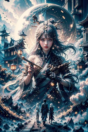 (Highest quality, masterpiece, (photorealistic:1.2), high resolution, 8K raw photo, ultra-detailed, beautiful and aesthetic), Realism, cinematic lighting, soft lighting, medium breasts, tall, slim body, 1girl, (((Genshin Impact, Ningguang, ningguangdef, long white hair, gold and white clohtes))), temple, (torii:1.2), evening, neon lights, futuristic, elegant, glowing, mysterious, meditation, chaos, destruction, storm, scenic, iconic, midjourney, cyberpunk, neo-tokyo, scifi, looking at viewer, light and dark, life and death, walking towards viewer, holding large sword, \surrounded by multiple swords stabbed into the ground, fantasy00d