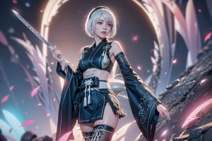 (Masterpiece, highest quality, high resolution, ultra-detailed, 16K, intricate, high contrast, HDR, vibrant color, RAW photo, (photorealistic:1.2), beautiful and aesthetic), cinematic lighting, medium breasts, tall and slim body, (((yorha no. 2 type b, silver white hair, 1girl, solo, hair over one eye, blue eye, hairband, black kimono, detached sleeves, wide sleeves, thighhighs, japanese clothes, tassels, bra peek))), glowing hair, looking at the viewer, futuristic, elegant, glowing, chaos, mysterious, magical, mystical, moon, cosmic, space, galaxy, portal, scenic, landscape, iconic, temple, bonsai forest, Japanese ancient streets, holding her swords, wide shot, neon background, walking away