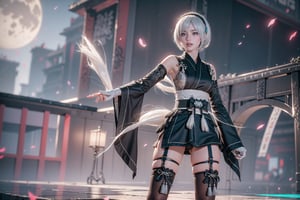 (Masterpiece, highest quality, high resolution, ultra-detailed, 16K, intricate, high contrast, HDR, vibrant color, RAW photo, (photorealistic:1.2), beautiful and aesthetic), cinematic lighting, medium breasts, tall and slim body, (((yorha no. 2 type b, silver white hair, 1girl, solo, hair over one eye, blue eye, hairband, black kimono, detached sleeves, wide sleeves, thighhighs, japanese clothes, tassels, bra peek))), glowing hair, looking at the viewer, futuristic, elegant, glowing, chaos, mysterious, magical, mystical, moon, cosmic, space, galaxy, portal, scenic, landscape, iconic, temple, bonsai forest, ancient Japan, holding her swords, wide shot, neon background, view from behind