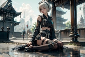 (Masterpiece, highest quality, high resolution, ultra-detailed, 16K, intricate, high contrast, HDR, vibrant color, RAW photo, (photorealistic:1.2), beautiful and aesthetic), cinematic lighting, medium breasts, tall and slim body, (((yorha no. 2 type b, silver white hair, 1girl, solo, hair over one eye, blue eye, hairband, black kimono, detached sleeves, wide sleeves, thighhighs, japanese clothes, tassels, bra peek))), samurai armor, glowing hair, looking at the viewer, futuristic, elegant, glowing, chaos, mysterious, magical, mystical, raging sun, eclipse, cosmic, space, galaxy, portal, scenic, landscape, iconic, cyberpunk, scifi, neotokyo, temple, holding a sword, evening, (full body shot:1.2)