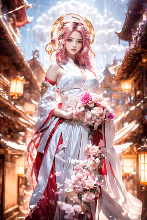 (Masterpiece, highest quality, ultra-detailed, 16K, high contrast, HDR, vibrant color, RAW photo, (photorealistic:1.2), beautiful and aesthetic), cinematic lighting, medium breasts, tall and slim body, (((Yae Miko, yaemikodef, long pink hair,, bride))), glowing hair, looking at the viewer, elegant, glowing, magical, floating lanterns, Japanese ancient streets, temple, wide shot