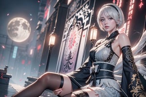 (Masterpiece, highest quality, high resolution, ultra-detailed, 16K, intricate, high contrast, HDR, vibrant color, RAW photo, (photorealistic:1.2), beautiful and aesthetic), cinematic lighting, medium breasts, tall and slim body, (((yorha no. 2 type b, silver white hair, 1girl, solo, hair over one eye, blue eye, hairband, black kimono, detached sleeves, wide sleeves, thighhighs, japanese clothes, tassels, bra peek))), glowing hair, looking at the viewer, futuristic, elegant, glowing, chaos, mysterious, magical, mystical, moon, cosmic, space, galaxy, portal, scenic, landscape, iconic, temple, bonsai forest, Japanese ancient streets, holding her swords, (wide shot:1.2), neon background, sitting on the edge of a roof, looking over the city, view from side