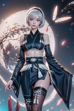 (Masterpiece, highest quality, high resolution, ultra-detailed, 16K, intricate, high contrast, HDR, vibrant color, RAW photo, (photorealistic:1.2), beautiful and aesthetic), cinematic lighting, medium breasts, tall and slim body, (((yorha no. 2 type b, silver white hair, 1girl, solo, hair over one eye, blue eye, hairband, black kimono, detached sleeves, wide sleeves, thighhighs, japanese clothes, tassels, bra peek))), glowing hair, looking at the viewer, futuristic, elegant, glowing, chaos, mysterious, magical, mystical, moon, cosmic, space, galaxy, portal, scenic, landscape, iconic, temple, bonsai forest, Japanese ancient streets, holding her swords, wide shot, neon background, sky view