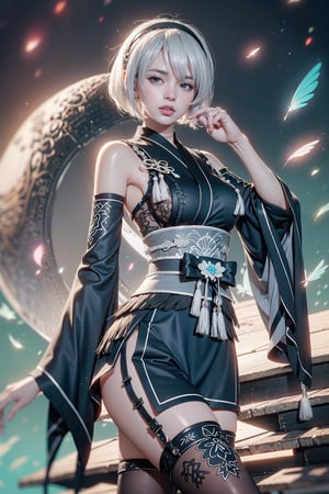 (Masterpiece, highest quality, high resolution, ultra-detailed, 16K, intricate, high contrast, HDR, vibrant color, RAW photo, (photorealistic:1.2), beautiful and aesthetic), cinematic lighting, medium breasts, tall and slim body, (((yorha no. 2 type b, silver white hair, 1girl, solo, hair over one eye, blue eye, hairband, black kimono, detached sleeves, wide sleeves, thighhighs, japanese clothes, tassels, bra peek))), glowing hair, looking at the viewer, futuristic, elegant, glowing, chaos, mysterious, magical, mystical, moon, cosmic, space, galaxy, portal, scenic, landscape, iconic, temple, bonsai forest, Japanese ancient streets, holding her swords, (wide shot:1.2), neon background, sitting on the edge, view from side