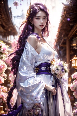 (Masterpiece, highest quality, ultra-detailed, 16K, high contrast, HDR, vibrant color, RAW photo, (photorealistic:1.2), beautiful and aesthetic), cinematic lighting, medium breasts, tall and slim body, (((Raiden Shogun, raidenshogundef, long purple hair, bride))), glowing hair, looking at the viewer, elegant, glowing, magical, floating lanterns, Japanese ancient streets, temple, wide shot