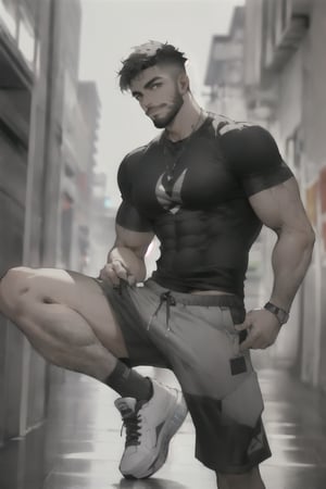 1man, cool face, muscles+,jawline, confident++,masculine face, midjourney, masterpiece ,

straight fringe, chin strap beard, slim grey t-shirt, black shorts, white Sneakers,



