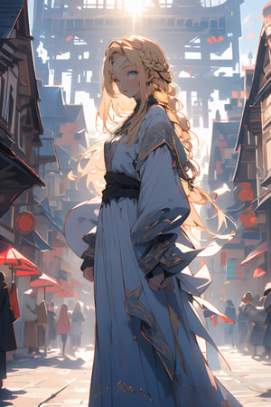 1girl, feminine girl, small face, big eyes, blonde,blond_hair,high detail eyes, slimm body, waterfall braid hairstyle, white gown with gold tones,

medieval town, noon, sun light, vivid light, town square,dancing , old medieval village,

High detailed, , (xx)1man, masterpiece, best quality, 8K, highres, absurdres:1.2, masterpiece, best quality, ultra-detailed, illustration,

(multiple views, full body, upper body, reference sheet:1), ,midjourney, niji,masterpiece,