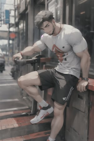 1man, cool face, muscles+,jawline, confident++,masculine face, midjourney, masterpiece ,

straight fringe, chin strap beard, slim grey t-shirt, black shorts, white Sneakers,

