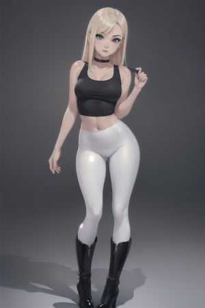 High detailed  ,1 girl, sexy blonde girl , small breast, small, cute face, balck eyes ,she wears: balck leggins, a white top , with black ancle boots,  looking with a supremacy face ,full body shot,1girl