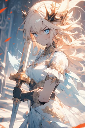 1girl, angry face, masterpiece, blood , war, angry face, princess, long sword, dynamic light ,midjourney, queen crown, landscape , battlefield, white dress,(best quality, masterpiece)