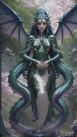 A mystical being, born of the union between a dragon and an elf,Dragon inspired dress,extraordinary creature exhibits both draconic and elven features, blending the elegance of the elves with the majestic presence of dragons. Its scales might shimmer with ethereal colors, and its pointed ears showcase the elven heritage. This hybrid being represents the harmonious fusion of two fantastical worlds, embodying a unique and captivating presence, dragonx2