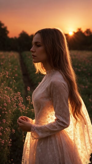 masterpiece, best quality, (photorealistic:1.3), HDR, a young girl walking, she wears a dress of sheer burgundy silk and lace symbolizes love. long sleeves, (sharp focus, depth of field, sunset:1.2), sexy, perfect female form,  rose garden. grass flowers