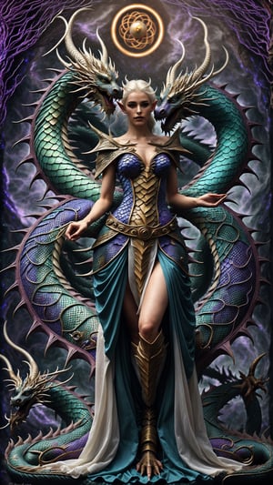 A mystical being, born of the union between a dragon and an elf,Dragon inspired dress,extraordinary creature exhibits both draconic and elven features, blending the elegance of the elves with the majestic presence of dragons. Its scales might shimmer with ethereal colors, and its pointed ears showcase the elven heritage. This hybrid being represents the harmonious fusion of two fantastical worlds, embodying a unique and captivating presence, dragonx2,photorealistic