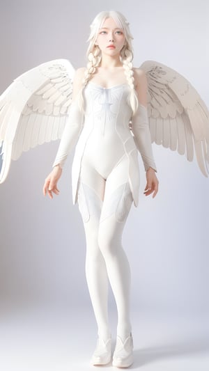 1 girl, (mastery), fully armed Valkyrie, albino angel girl, sleepy smoky eyes, long flowing transparent white hair, (white braid), narrow pupils, very good figure, white tights, ( Long and complex wings: 1.2), divine light descends, The best quality, the highest quality, extremely detailed CG unified 8k wallpaper, detailed and complex, , steampunk style, glass elements