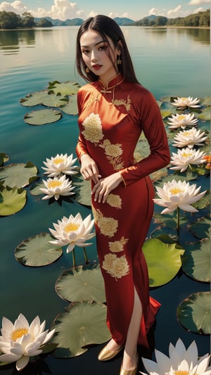 masterpiece, top quality, best quality, official art, beautiful and aesthetic:, Sexy Vietnamese Idol 18 year woman, red ao dai with golden lotus pattern, full_body,fully_clothed,background lake with full of lotus, many audience , many photographer,ultra-high quality, photorealistic, sky background, dynamic pose