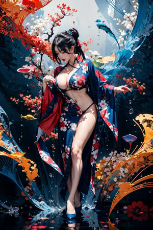 8k, (absurdres, highres, ultra detailed), (1 girl:1.3), half nude, cleavage, sexy pose, EpicArt,Chinese ink paint, ((colorful water inkSpot)) ,Chinese style, burgundy-blue theme, full body,chinese_clothes,ink splash,Chinese ink painting,splash00d,