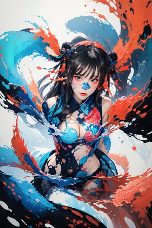 8k, (absurdres, highres, ultra detailed), (1 girl:1.3), twintails,  half nude, cleavage, sexy pose, EpicArt,Chinese ink paint, ((colorful water inkSpot)) ,Chinese style, burgundy-red theme, full body,chinese_clothes,ink splash, Chinese ink painting,splash00d,scandal rina
