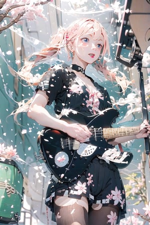 Masterpiece, beautiful details, perfect focus, uniform 8K wallpaper, high resolution, exquisite texture in every detail, ((from below:1.5)).
1 girl, solo, twintails, blue eyes, clear deep eyes, smile, happy, (((playing guitar))), bangs, hair ornament, off-shoulder, ribbon, hair between the eyes, one piece, flower, outdoors , choker, earrings, flower in hair, blurred, red ribbon, depth of field, ((blurred background: 2)), ((sakura snowstorm: 1.5)),
pastel,perfect light,cartoon,anime,graffiti,scandal mami