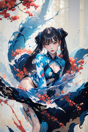 8k, (absurdres, highres, ultra detailed), (1 girl:1.3), twintails,  half nude, cleavage, sexy pose, EpicArt,Chinese ink paint, ((colorful water inkSpot)) ,Chinese style, burgundy-blue theme, full body,chinese_clothes,ink splash,scandal mami,Chinese ink painting,splash00d,scandal rina