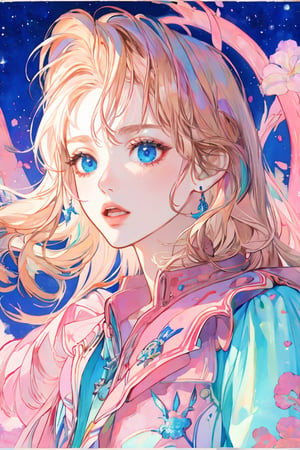 letterbox, portrait closeup, open mouth, starry sky, solo, blue eyes, 1girl, sky, (masterpiece, detailed, highres:1.4), capturing the quiet beauty and soothing essence of a woman in a whimsical, pastel watercolor world, amano yoshitaka,scandal tomomi