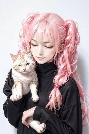 Best picture quality, high resolution, 8k, realistic, sharp focus, realistic image of elegant lady, beauty, supermodel, twin tails, thick sweater, cute side hair accessory, holding a cat in both hands, one eye closed, Smirk, (high quality:1.0) (white background:0.8), detailed face, (blush:0.8), 1 girl,Young beauty spirit, ZGirl, perfect light, Detailedface,1 girl, big eyes, eye shadow ,SharpEyess, 
,perfecteyes eyes ,Smirk,Detailedface, perfect light,ZGirl,photo of perfecteyes eyes,nodf_lora,DonMSn0wM4g1c,yofukashi background,portrait,wrenchsmechs,ASU1,scandal mami