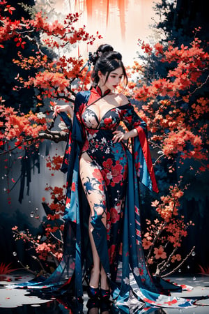 8k, (absurdres, highres, ultra detailed), (1 girl:1.3), half nude, cleavage, sexy pose, EpicArt,Chinese ink paint, ((colorful water inkSpot)) ,Chinese style, burgundy-blue theme, full body,chinese_clothes,ink splash,Chinese ink painting,splash00d,