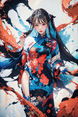 8k, (absurdres, highres, ultra detailed), (1 girl:1.3), twintails,  half nude, cleavage, sexy pose, EpicArt,Chinese ink paint, ((colorful water inkSpot)) ,Chinese style, burgundy-red theme, full body,chinese_clothes,ink splash, Chinese ink painting,splash00d,scandal rina