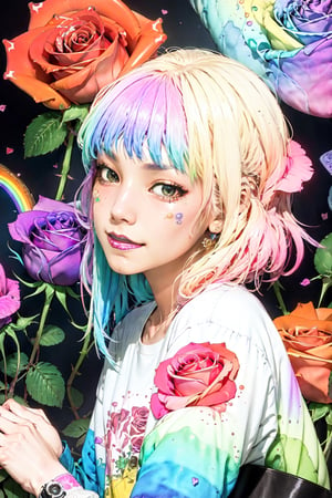Maximalism, masterpiece, top quality, 8k, high resolution, super detailed, absurd, vivid contrast, insanely detailed,
BREAK
(Rainbow-colored roses:1.5),Anime ,glitter,shiny,watercolor,scandal mami,amano yoshitaka