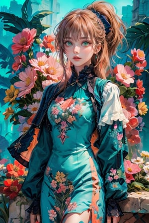 anime delicate detailed concept art, masterpiece, ultra realistic illustration, ultra hires, ultra highres, BREAK woman, sparkling beautiful eyes, blue eyes, flower dress, colorful, vibrant colors, darl background, aqua theme, beautiful colorful flowers backgrounds, exposure blend, medium shot, bokeh, (hdr:1.4), high contrast, (cinematic, teal and orange:0.85), (muted colors, dim colors, soothing tones:1.3), low angle saturation,from below, looking away, //Lighting atmospheric lighting, volumetric lighting, light_particles, soft light, soft shadow, fine detailed, volumetric top lighting,VICTORIAN DRESS,scandal rina