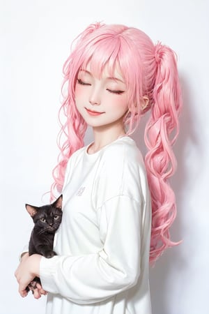 Best picture quality, high resolution, 8k, realistic, sharp focus, realistic image of elegant lady, beauty, supermodel, twin tails, thick sweater, cute side hair accessory, holding a cat in both hands, one eye closed, Smirk, (high quality:1.0) (white background:0.8), detailed face, (blush:0.8), 1 girl,Young beauty spirit, ZGirl, perfect light, Detailedface,1 girl, big eyes, eye shadow ,SharpEyess, 
,perfecteyes eyes ,Smirk,Detailedface, perfect light,ZGirl,photo of perfecteyes eyes,nodf_lora,DonMSn0wM4g1c,yofukashi background,portrait,wrenchsmechs,ASU1,scandal mami