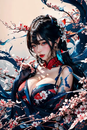 8k, (absurdres, highres, ultra detailed), (1 girl:1.3), half nude, cleavage, sexy pose, EpicArt,Chinese ink paint, ((colorful water inkSpot)) ,Chinese style, burgundy-blue theme, chinese_clothes,ink splash,Chinese ink painting,splash00d,