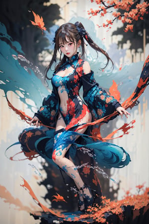 8k, (absurdres, highres, ultra detailed), (1 girl:1.3), twintails,  half nude, cleavage, sexy pose, EpicArt, ((colorful water inkSpot)) ,Chinese style, burgundy-red theme, full body,chinese_clothes,ink splash,scandal Chinese ink painting,splash00d,