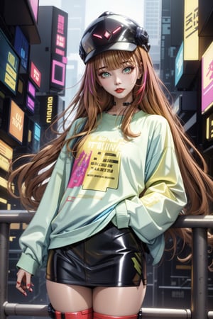 cyber punk style,Beautiful woman wearing a hat,cowboys,long hair、Yellow cyberpunk-style shorts, Red pantyhose , The miniskirt is blue, green eyes, red lips, brown boots, long wavey hair,scandal rina