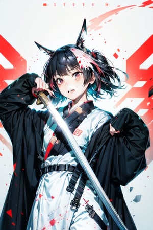 muelsyse (arknights),1girl, solo,hanfu,chinese clothes,splatter background, holding sword, best quality, amazing quality, very aesthetic, absurdres,huowu,portrait